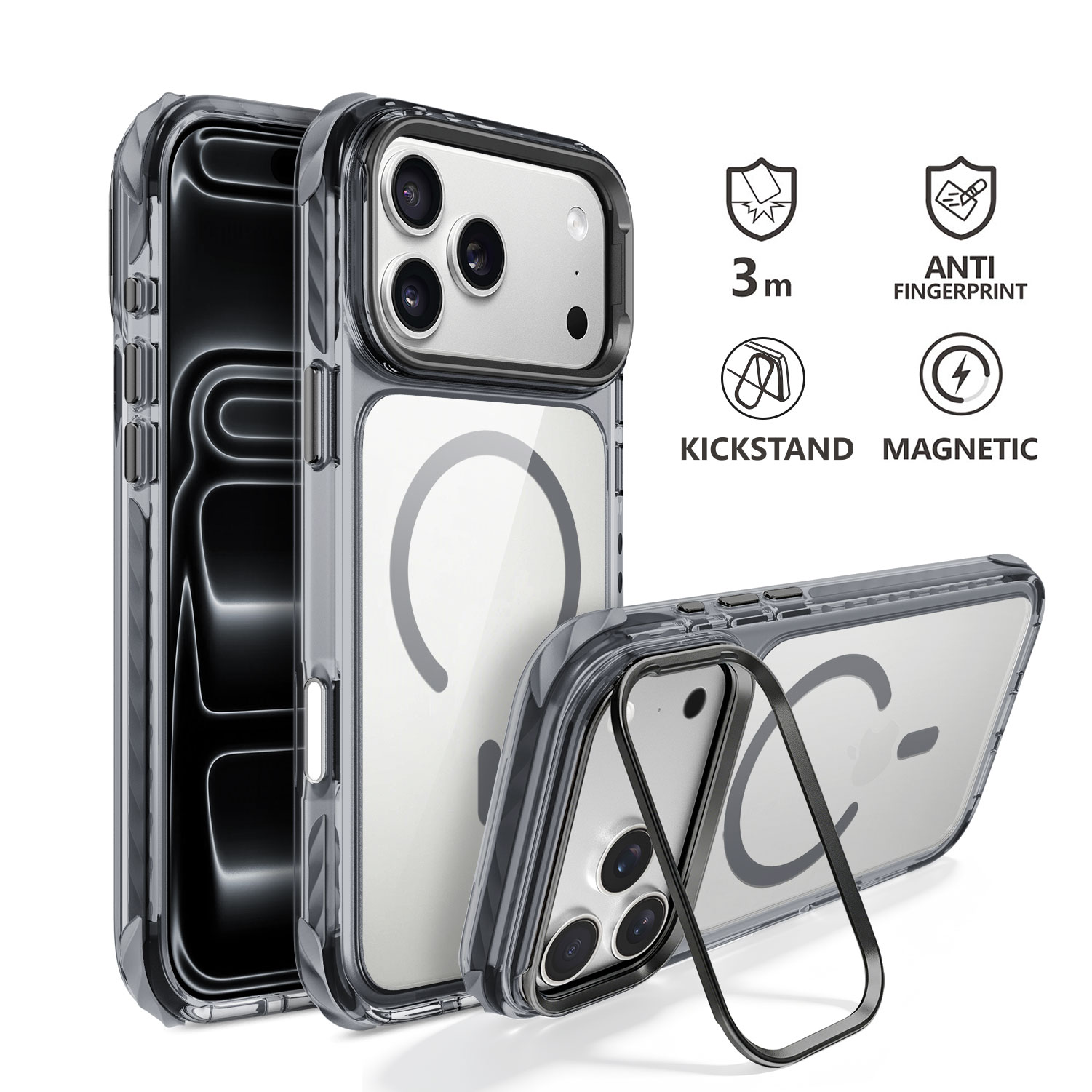 Metal Kickstand Case For iPhone 18 Pro Max - Clear Hard PC Back, Built-In Magnets, TPE Edge Bumper
